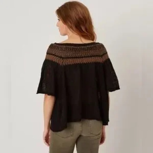 Free People Sheer Black Fair Isle Flutter Sleeve Off the Shoulder Sweater Top XS - Picture 3 of 12